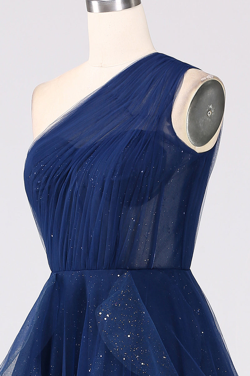 Laden Sie das Bild in den Galerie-Viewer, Marineblau A Linie Eine Schulter Tüll Langes Ballkleid mit Schlitz