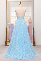 Laden Sie das Bild in den Galerie-Viewer, Glitter Himmelblau A-Linie Spaghettiträge Langes Abendkleider mit Appliziertes