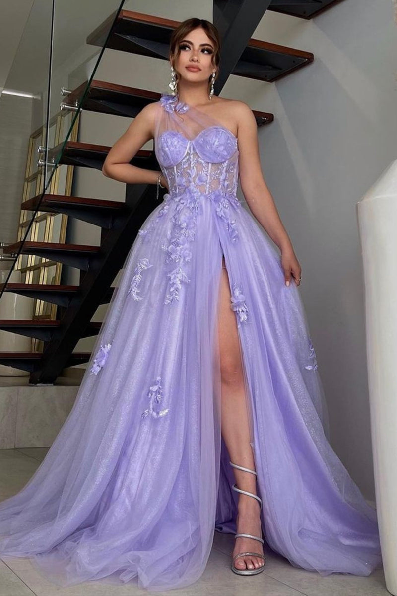 Laden Sie das Bild in den Galerie-Viewer, Homrain Frauen Lila Abendkleider Eine Schulter A-Linie langes Ballkleid mit Applikationen