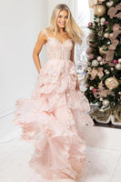 Laden Sie das Bild in den Galerie-Viewer, Glitzerndes Schwarzes Schulterfreies Gestuftes Korsett Abendkleid mit Schlitz