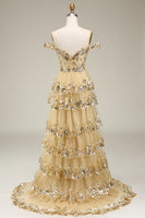 Laden Sie das Bild in den Galerie-Viewer, Schwarzes schulterfreies gestuftes Ballkleid