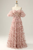 Laden Sie das Bild in den Galerie-Viewer, Schulterfreies Rosa Langes Ballkleid mit Blumenmuster und Rüschen