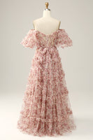 Laden Sie das Bild in den Galerie-Viewer, Schulterfreies Rosa Langes Ballkleid mit Blumenmuster und Rüschen