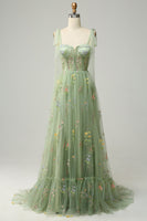 Laden Sie das Bild in den Galerie-Viewer, Homrain Frauen Green Tüll Korsett Ballkleid A-Linie Spaghettiträger Langes Abendkleider Mit Stickerei