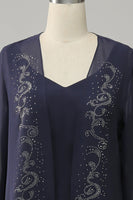 Laden Sie das Bild in den Galerie-Viewer, Marineblaues zweiteiliges perlenbesetztes Kleid für die Brautmutter