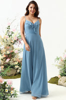 Laden Sie das Bild in den Galerie-Viewer, A Line Spaghettiträger Grau Blau Langes Brautjungfernkleid mit Kreuz und Quer Gekreuztem Rücken