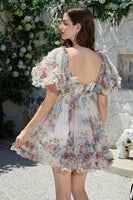 Laden Sie das Bild in den Galerie-Viewer, Trendiges A-Linie Elfenbeinfarbenes Blumendruck-Kurzes Tüll-Cocktailkleid mit kurzen Ärmeln