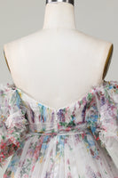 Laden Sie das Bild in den Galerie-Viewer, Elfenbeinfarbenes A-Linien-Puffärmel kurzes Heimkehrkleid aus Tüll