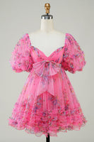 Laden Sie das Bild in den Galerie-Viewer, Elfenbeinfarbenes A-Linien-Puffärmel kurzes Heimkehrkleid aus Tüll