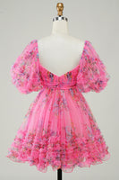 Laden Sie das Bild in den Galerie-Viewer, Elfenbeinfarbenes A-Linien-Puffärmel kurzes Heimkehrkleid aus Tüll