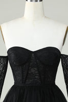 Laden Sie das Bild in den Galerie-Viewer, Eine schulterfreie Linie Schwarzes Korsett Cocktailkleider mit langen Ärmeln