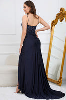 Laden Sie das Bild in den Galerie-Viewer, Glitzer Marineblaues Pailletten Langes Abendkleid Mit Schlitz