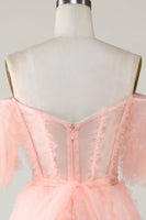 Laden Sie das Bild in den Galerie-Viewer, Niedliches A-Linie Rouge Tüll Schulterfreies kurzes Cocktailkleid