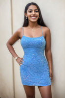 Laden Sie das Bild in den Galerie-Viewer, Glitzerndes blau perlenbesetztes kurzes Cocktailkleid