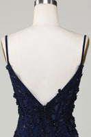 Laden Sie das Bild in den Galerie-Viewer, Glitzerndes marineblaues Korsett Enges kurzes Cocktailkleid mit Spitze