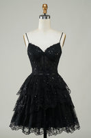 Laden Sie das Bild in den Galerie-Viewer, Wunderschönes Spaghettiträger-Kleid in A-Linie Schwarzes glitzerndes Korsett-Cocktailkleider