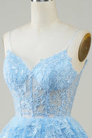 Laden Sie das Bild in den Galerie-Viewer, Wunderschönes Spaghettiträger-Kleid in A-Linie Blaues glitzerndes Korsett für die Heimkehr
