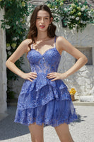 Laden Sie das Bild in den Galerie-Viewer, Wunderschönes A-Linien-Spaghettiträger-Dunkelblaues funkelndes Korsett Cocktailkleider