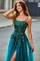 Laden Sie das Bild in den Galerie-Viewer, Dunkelgrünes A Linie Spaghettiträger Langes Abiballkleider Mit Applikationen