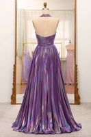 Laden Sie das Bild in den Galerie-Viewer, A Linie Dunkelviolett Neckholder Langes Abiballkleider Mit Schlitz