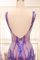 Laden Sie das Bild in den Galerie-Viewer, Glitzernde Meerjungfrau V-Ausschnitt Dunkellila Pailletten Langes Ballkleid mit Offenem Rücken
