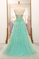 Laden Sie das Bild in den Galerie-Viewer, Grünes A Linie Tüll Spaghettiträger Appliziert Langes Korsett Abiballkleider Mit Schlitz