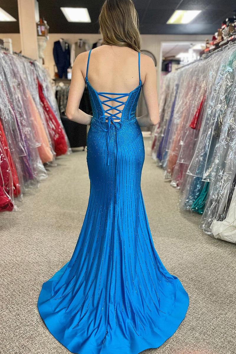 Laden Sie das Bild in den Galerie-Viewer, Spaghettiträger Schwarzes Meerjungfrau Abendkleid mit Schlitz