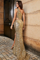 Laden Sie das Bild in den Galerie-Viewer, Funkelnd Gold Pailletten Randbereich Meerjungfrau Eine Schulter Langes Ballkleider Mit Schlitz