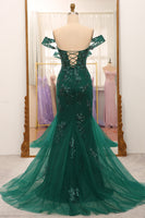 Laden Sie das Bild in den Galerie-Viewer, Stilvolles Schulterfreies Dunkelgrünes Korsett-Ballkleid mit Meerjungfrau und Schlitz Vorne