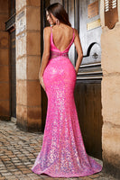 Laden Sie das Bild in den Galerie-Viewer, Glitzer Rosa Meerjungfrau Spaghettiträger Rückenfrei Langes Abiballkleider
