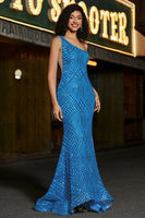 Laden Sie das Bild in den Galerie-Viewer, Blau Pailletten Meerjungfrau Eine Schulter Langes Abiballkleider