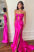 Laden Sie das Bild in den Galerie-Viewer, Glitzernd Fuchsia  Meerjungfrau Korsett Satin Lange Abendkleid mit Schlitz