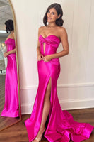 Laden Sie das Bild in den Galerie-Viewer, Glitzernd Fuchsia  Meerjungfrau Korsett Satin Lange Abendkleid mit Schlitz