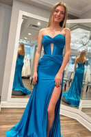 Laden Sie das Bild in den Galerie-Viewer, Glitzernd Fuchsia  Meerjungfrau Korsett Satin Lange Abendkleid mit Schlitz