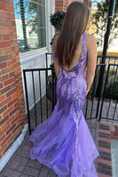 Laden Sie das Bild in den Galerie-Viewer, Funkelndes Lila Meerjungfrau V-Ausschnitt Abendkleid mit Pailletten