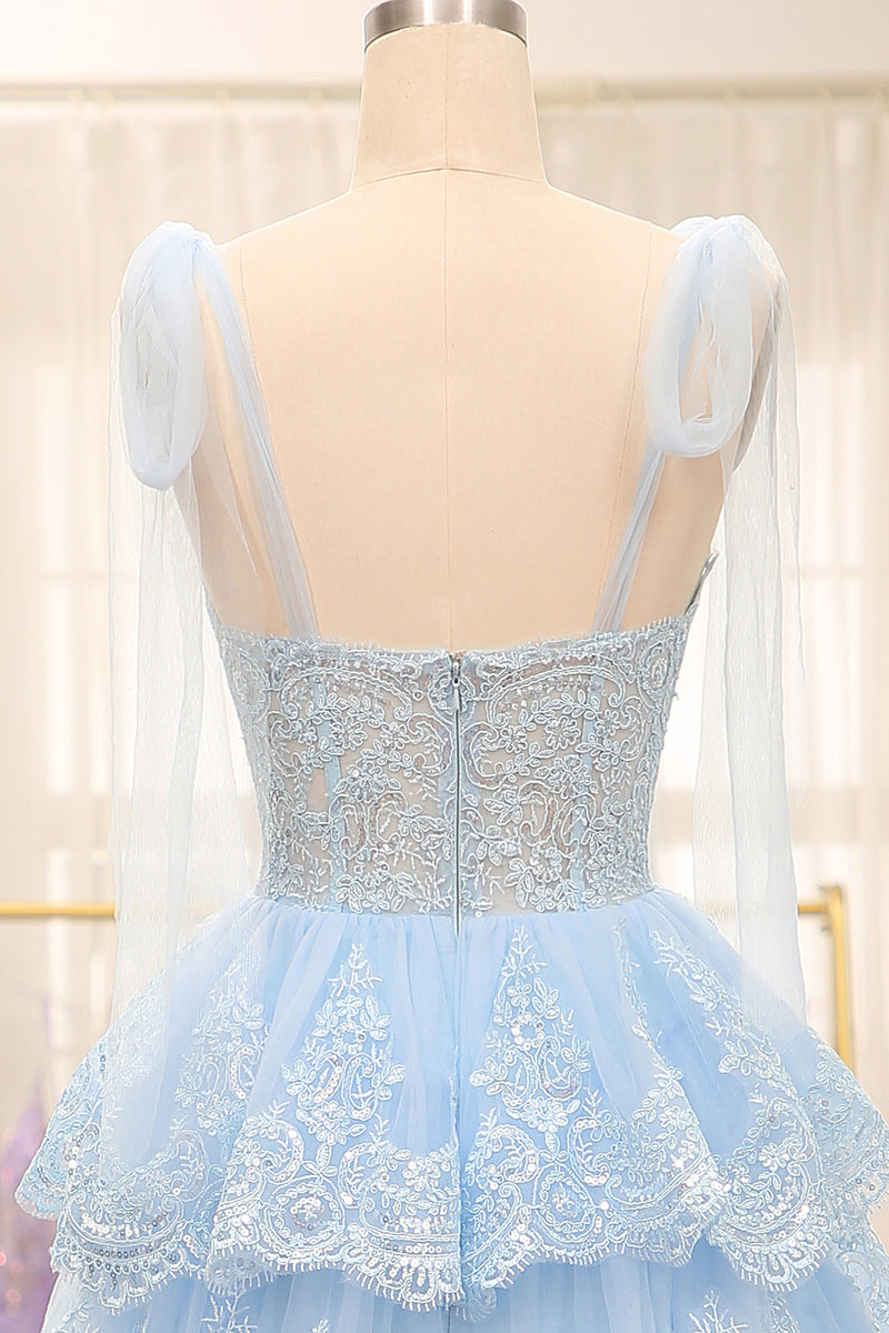 Laden Sie das Bild in den Galerie-Viewer, Hellblau A Linie Tüll Schatz Langes Gestuft Abiballkleider Mit Applikationen