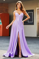 Laden Sie das Bild in den Galerie-Viewer, Funkelnd Flieder A Linie Spaghettiträger Langes Korsett Abiballkleider Mit Schlitz