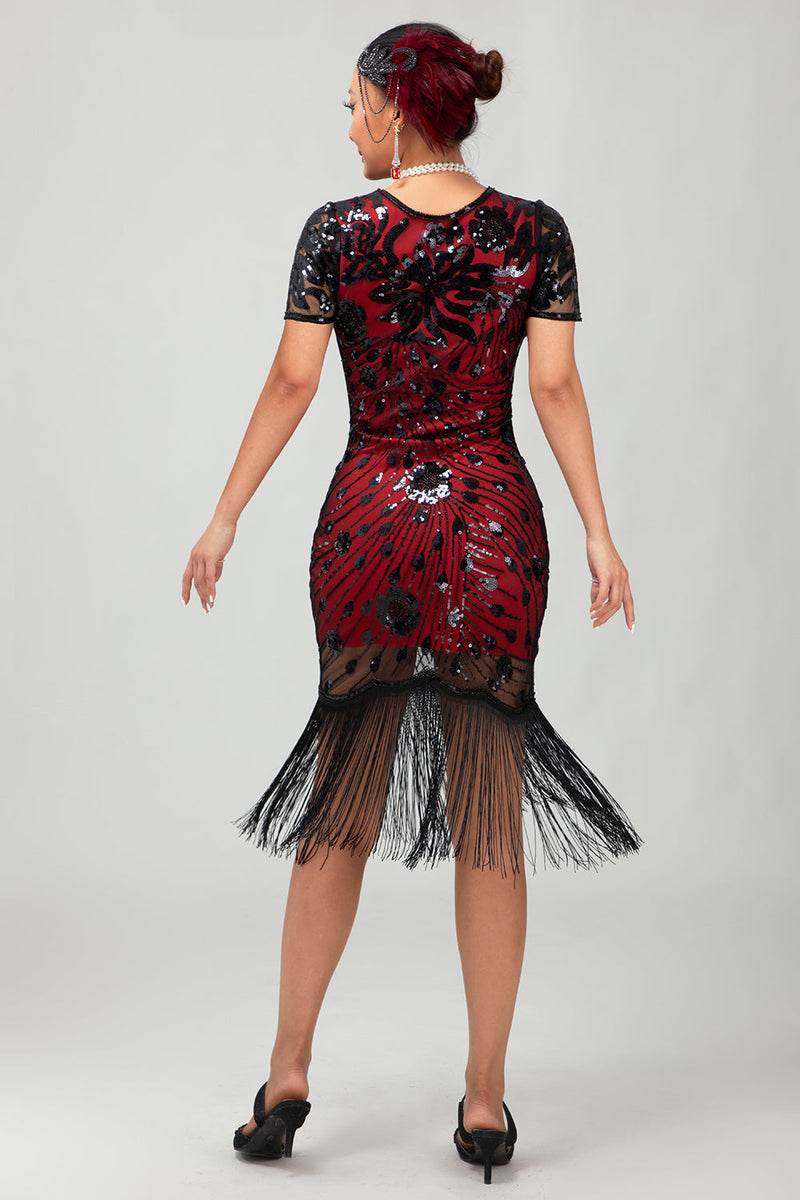 Laden Sie das Bild in den Galerie-Viewer, Glitter Schwarz Rot Gesäumt Bodycon Flapper Kleid mit 1920er Zubehörset