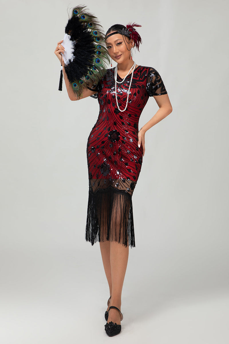 Laden Sie das Bild in den Galerie-Viewer, Glitter Schwarz Rot Gesäumt Bodycon Flapper Kleid mit 1920er Zubehörset