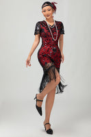 Laden Sie das Bild in den Galerie-Viewer, Glitter Schwarz Rot Gesäumt Bodycon Flapper Kleid mit 1920er Zubehörset