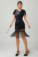 Laden Sie das Bild in den Galerie-Viewer, Glitter Schwarz Gesäumt Bodycon Kurze Ärmel Flapper Kleid mit 1920er Zubehörset