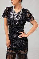 Laden Sie das Bild in den Galerie-Viewer, Glitter Schwarz Gesäumt Bodycon Kurze Ärmel Flapper Kleid mit 1920er Zubehörset