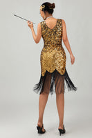 Laden Sie das Bild in den Galerie-Viewer, Glitter Schwarz Golden Gesäumt Pailletten Flapper Kleid mit 1920er Zubehörset