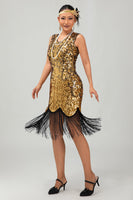 Laden Sie das Bild in den Galerie-Viewer, Glitter Schwarz Golden Gesäumt Pailletten Flapper Kleid mit 1920er Zubehörset