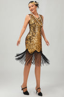 Laden Sie das Bild in den Galerie-Viewer, Glitter Schwarz Golden Gesäumt Pailletten Flapper Kleid mit 1920er Zubehörset