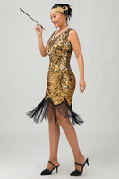 Laden Sie das Bild in den Galerie-Viewer, Glitter Schwarz Golden Gesäumt Pailletten Flapper Kleid mit 1920er Zubehörset