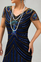 Laden Sie das Bild in den Galerie-Viewer, Glitter Schwarz Blau Bodycon Kurze Ärmel Flapper Kleid mit 1920er Zubehörset
