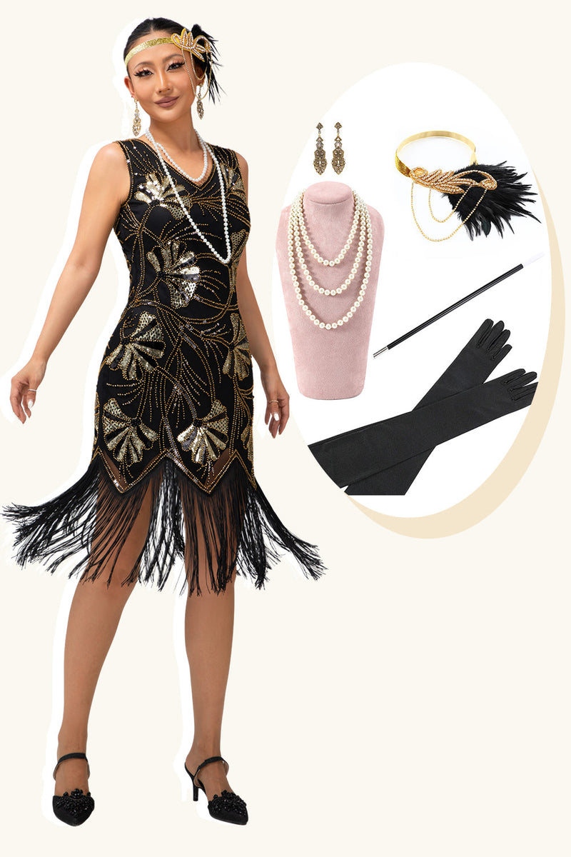 Laden Sie das Bild in den Galerie-Viewer, Glitter Schwarz Golden Pailletten Gesäumt Kurze Flapper Kleid mit 1920er Zubehörset