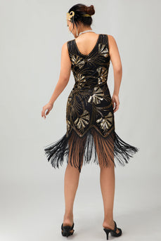 Glitter Schwarz Golden Pailletten Gesäumt Kurze Flapper Kleid mit 1920er Zubehörset