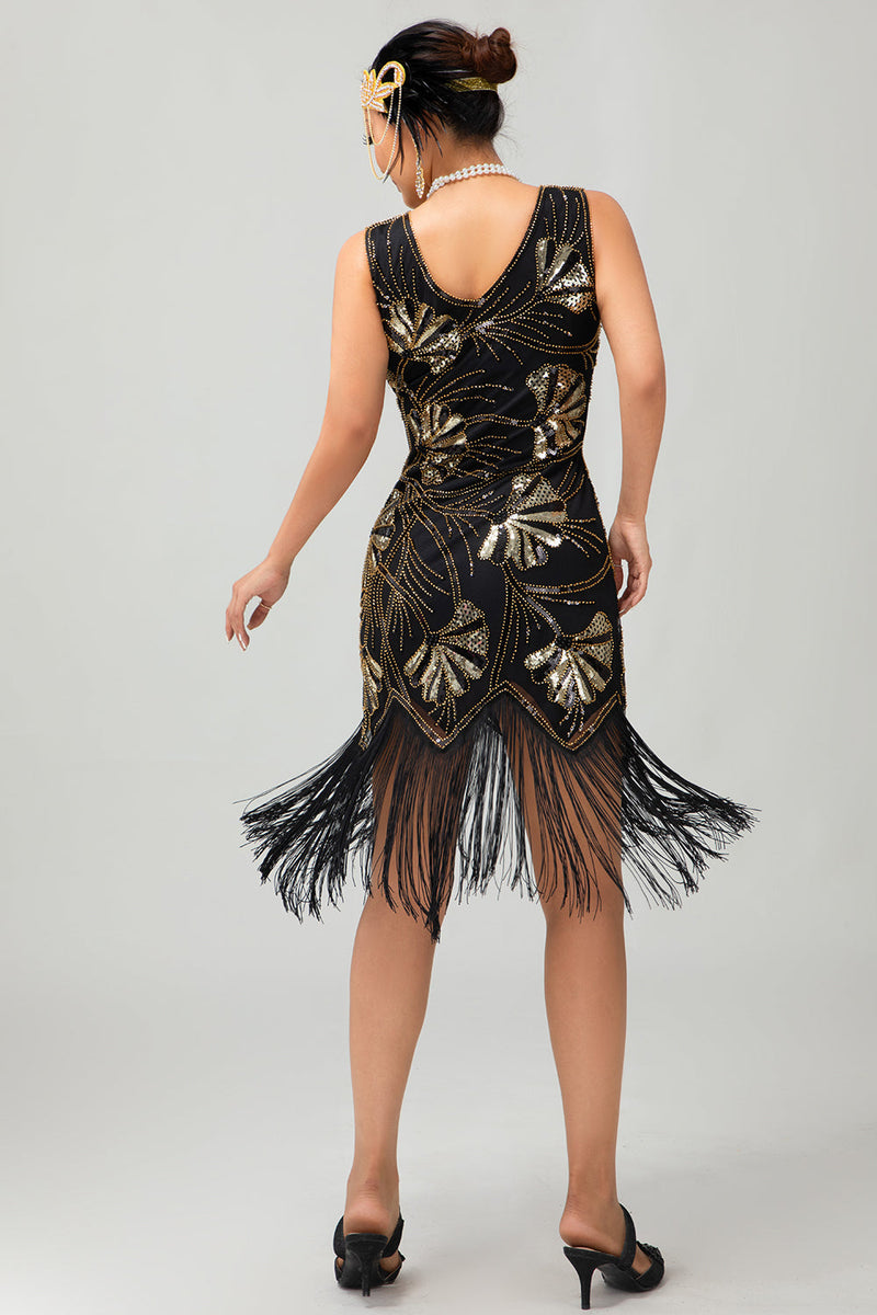 Laden Sie das Bild in den Galerie-Viewer, Glitter Schwarz Golden Pailletten Gesäumt Kurze Flapper Kleid mit 1920er Zubehörset